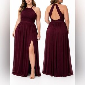 NEW David’s Bridal Burgundy Wine Lace Halter Gown Maxi Dress Plus Sz 22 Formal